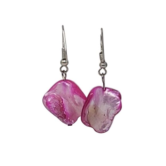Dangle Earrings Chunky Pink Abalone Shell Silvertone Hooks Boho Coastal Beach - Picture 1 of 5